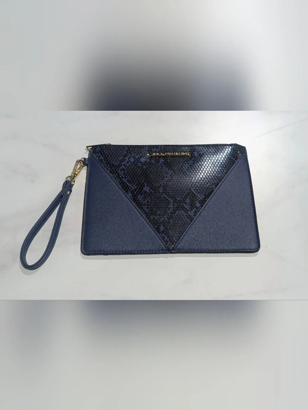 Textured Snakeskin Navy Blue Wristlet Clutch with Detachable Strap
